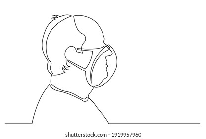 continuous line drawing of isolated on white background profile portrait of bald senior man wearing face mask