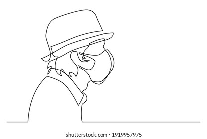 Continuous Line Drawing Of Isolated On White Background Profile Portrait Of Young Man In Fedora Hat Wearing Face Mask