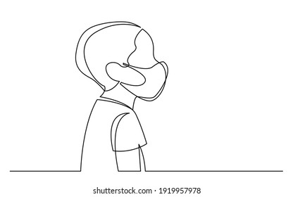 continuous line drawing of isolated on white background profile portrait of young african boy wearing face mask