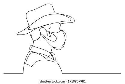 continuous line drawing of isolated on white background profile portrait of man in cowboy hat wearing face mask