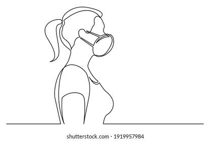 continuous line drawing of isolated on white background profile portrait of sporty woman wearing face mask