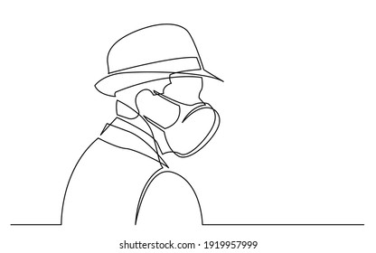 continuous line drawing of isolated on white background profile portrait of man in hat wearing face mask