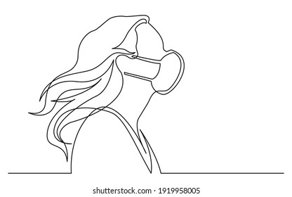 continuous line drawing of isolated on white background profile portrait of happy woman enjoying life wearing face mask