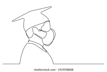 continuous line drawing of isolated on white background profile portrait of happy college graduate wearing face mask