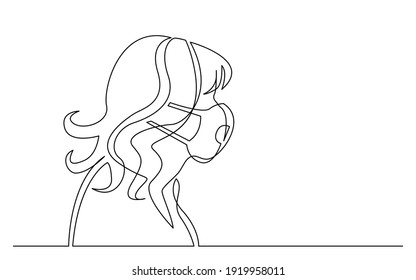 continuous line drawing of isolated on white background profile portrait of ordinary woman wearing face mask