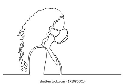 continuous line drawing of isolated on white background profile portrait of woman with long curly hair wearing face mask