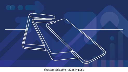 continuous line drawing of isolated vector objects - several modern mobile phones