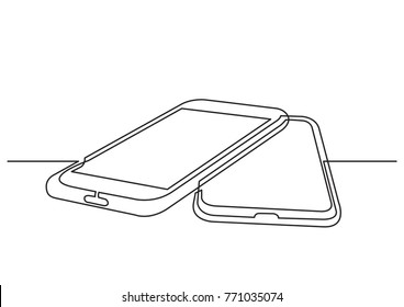 continuous line drawing of isolated vector object - two big mobile phones