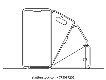 continuous line drawing of isolated vector objects - several modern mobile phones