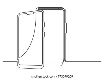 continuous line drawing of isolated vector objects - two modern mobile phones