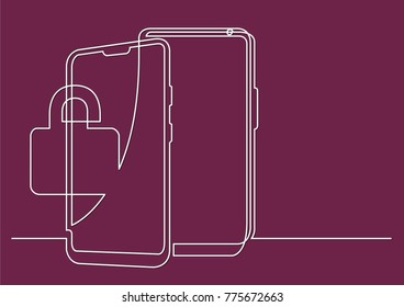 continuous line drawing of isolated vector object - smart phones with security lock