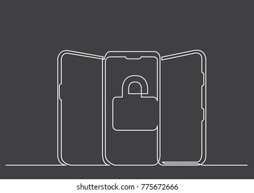 continuous line drawing of isolated vector object - smart phones with security lock