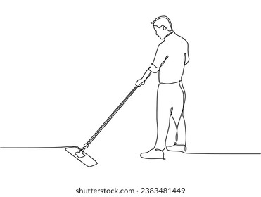 Continuous line drawing janitor mopping floor. Cleaning service concept. Vector illustration isolated. Minimalist design handdrawn.