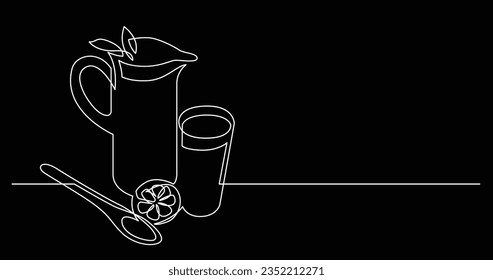continuous line drawing of jar of ice tea glass and lemon