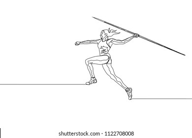 Continuous line drawing of javelin athlete. One line throwing stick sport vector illustration on white background