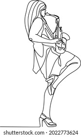 continuous line drawing of jazz musicians playing trumpet music instruments.