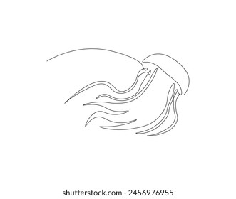 Continuous line drawing of jellyfish. One line of sea jellyfish. Marine animal concept continuous line art. Editable outline.