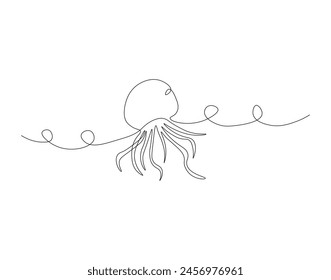 Continuous line drawing of jellyfish. One line of sea jellyfish. Marine animal concept continuous line art. Editable outline.