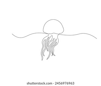 Continuous line drawing of jellyfish. One line of sea jellyfish. Marine animal concept continuous line art. Editable outline.