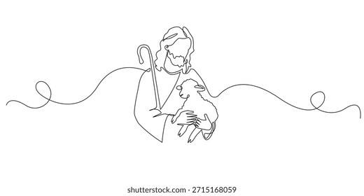 Durchgehende Linienzeichnung von Jesus, der ein Lamm trägt, das Mitgefühl und Glauben symbolisiert. Einzeilige Illustration, geeignet für religiöse Spiritualität, Hoffnung und biblische Themen.