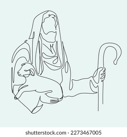 Continuous line drawing of Jesus Christ son od God, Bible Easter symbol line art illustration. Christian line drawing of Jesus with people and kids