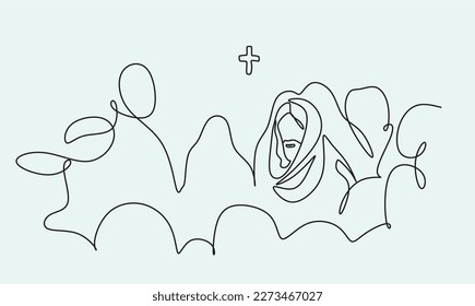 Continuous line drawing of Jesus Christ son od God, Bible Easter symbol line art illustration. Christian line drawing of Jesus with people and kids