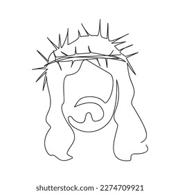 Continuous line drawing of Jesus Christ wearing a crown of thorns. Vector