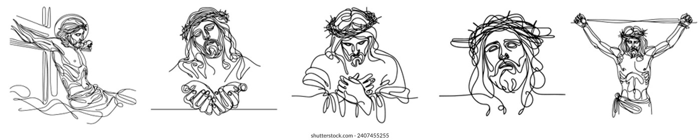 Continuous line drawing of Jesus Christ , linear style and Hand drawn Vector illustrations