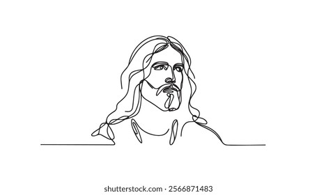 Continuous line drawing of Jesus Christ , linear style and Hand drawn Bible Christian scene of son of God with people and kids. Easter illustration