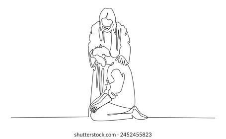 continuous line drawing.God Jesus gives help to the people.God Jesus approaches people who are sad.One line vector hand drawn illustration.