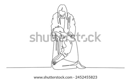 continuous line drawing.God Jesus gives help to the people.God Jesus approaches people who are sad.One line vector hand drawn illustration.