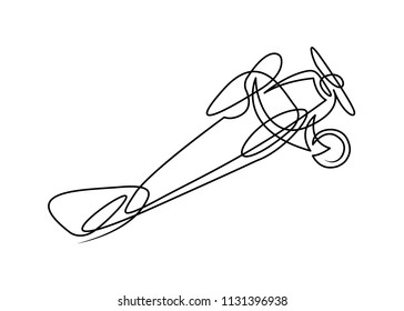 Continuous line drawing of jet plane . Flight biplane Tandem wing. The symbol of take-off in the sky