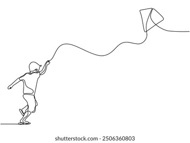 Continuous line drawing of a joyful child with a kite, minimalist vector design.
