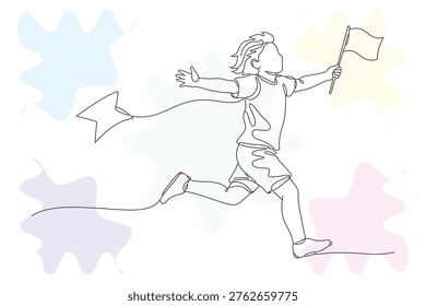 Continuous line drawing of a joyful child running with a flag, representing success, achievement, and the boundless energy of youth.