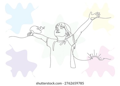 Continuous line drawing of a joyful child reaching for a bird, representing freedom, innocence, and the boundless imagination of youth in a minimalist style.