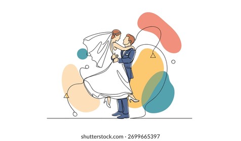 Desenho de linha contínua de um noivo alegre levantando sua noiva no dia do casamento, aprimorado com cores e formas abstratas para um olhar moderno.