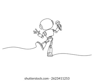 Continuous line drawing of a joyful robot performing with a microphone, minimalistic and dynamic design, ideal for music, technology, and entertainment concepts.