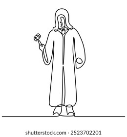 Dibujo de línea continuo de un juez sosteniendo un mazo. Diseño simple que ilustra el poder legal y la autoridad. Ilustración vectorial.