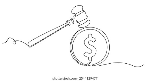 desenho de linha contínua do martelo do juiz e dólar coin.one desenho de linha de dinheiro poupanças e empréstimo law.banking lei sign.single linha vetor ilustração.fundo branco isolado