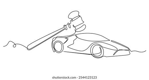 desenho de linha contínua de um martelo de juiz e um car.one desenho de linha da lei de compra e venda de carros.sign da lei de compra e venda de veículos.single linha vetor ilustração