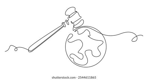 continuous line drawing of judge's hammer and globe.one line drawing of judge's hammer hitting globe.single line vector illustration.isolated white background