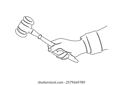 Continuous line drawing of the judge's hand tapping the gavel.one line drawing, One continuous single drawing line art flat doodle judge, court, gavel, law, legal, justice, hammer, gavel in the judge.