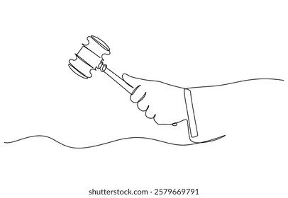 Continuous line drawing of the judge's hand tapping the gavel.one line drawing, One continuous single drawing line art flat doodle judge, court, gavel, law, legal, justice, hammer, gavel in the judge.