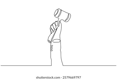 Continuous line drawing of the judge's hand tapping the gavel.one line drawing, One continuous single drawing line art flat doodle judge, court, gavel, law, legal, justice, hammer, gavel in the judge.