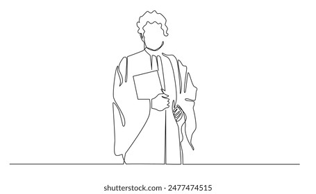 continuous line drawing of judge.single line drawing of judge standing with carrying law book.one line vector illustration.isolated white background