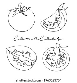 Continuous line drawing of juicy tomatoes set. One line art concept of fresh fruit and vegetable. Vector illustration