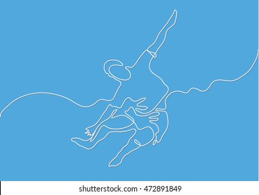 continuous line drawing of jumping flying man