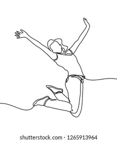 continuous line drawing of jumping happy team members. happiness, freedom, motion and people concept. smiling young friends. jumping in air. vector