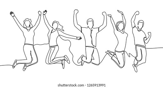 línea continua de saltos de los miembros del equipo feliz. felicidad, libertad, movimiento y concepto del pueblo. jóvenes amigos sonrientes. saltando al aire. vectorial