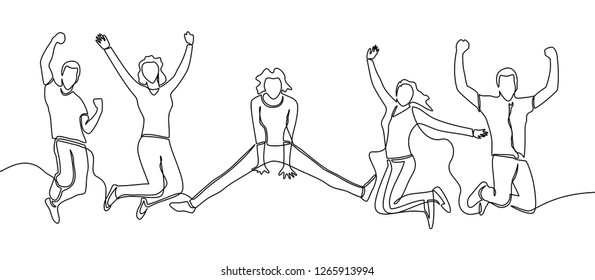 continuous line drawing of jumping happy team members. happiness, freedom, motion and people concept. smiling young friends. jumping in air. vector